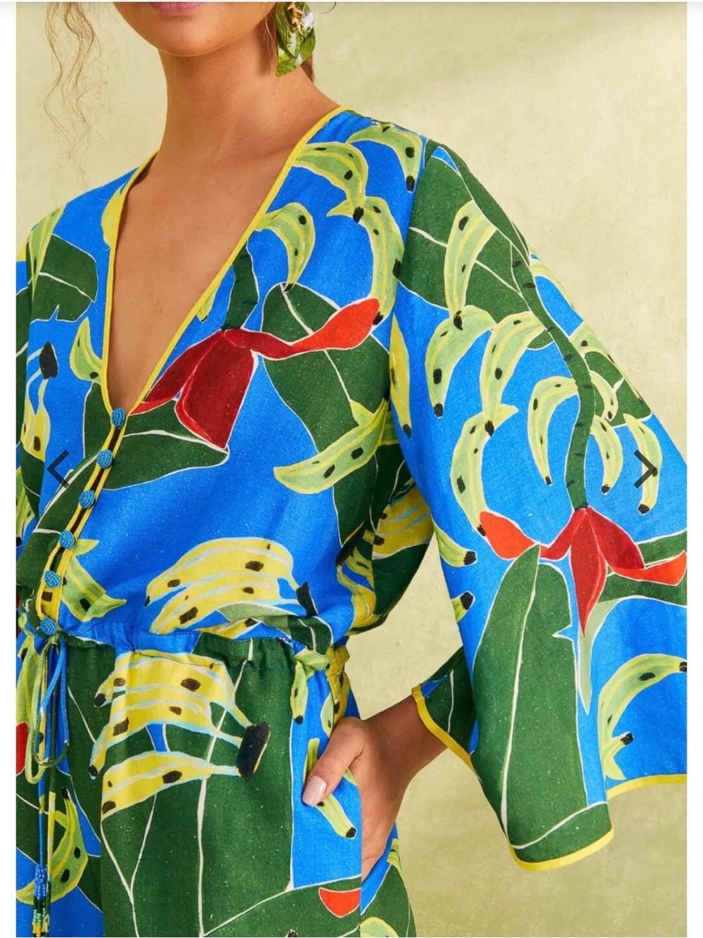 Farm Rio NWT Blue Banana Leaves Tropical V-Neck Drawstring Linen Romper, size L